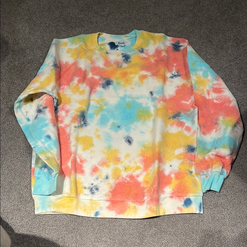 FEAT Blanketblend Pink and Yellow Crewneck Sweater with Artistic Tie-Dye